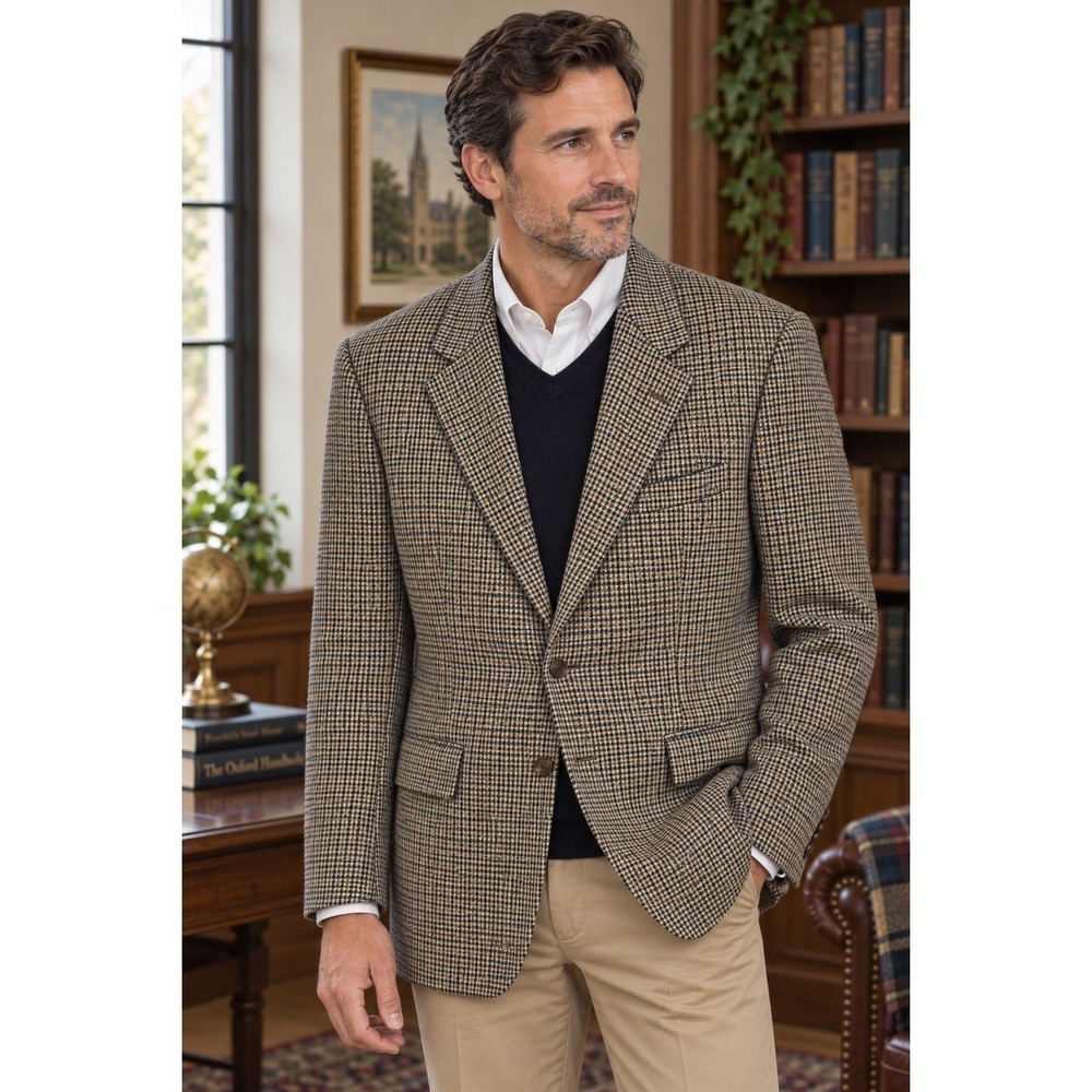 Vintage Chaps Ralph Lauren Blazer 40R Tan Brown Houndstooth Silk Wool Sport Coat